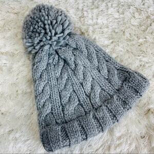 Gray Cable Knit Winter Stocking Cap Hat Puff Ball